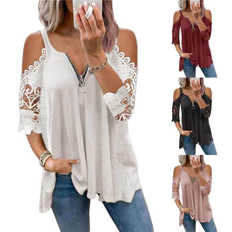 

Sexy Summer Half Sleeve Lace Shirt Women Casual Zipper V Neck Loose T Shirt Hollow Out Sling Elegant Pullover Tops