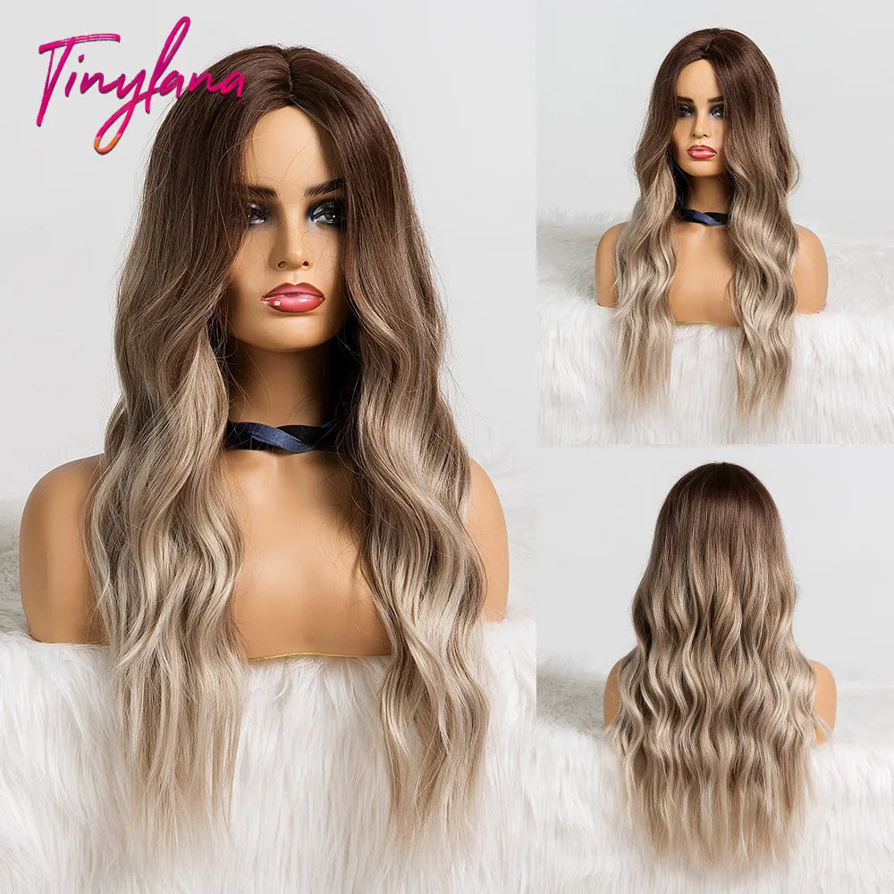 

TINY LANA Long Wavy Womens Wigs Natural Middle Part Hair Ombre Brown/Blonde Synthetic Wigs Heat Resistant Fibre Cosplay Party