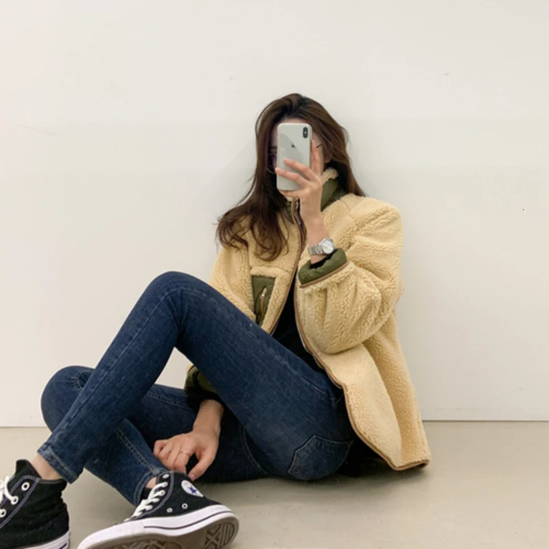 

Ganayooa 2019 Autumn Winter Jacket Women Coat Warm Lambswool Jacket Streetwear Patchwork Thick Wool Coat Women Korean Style
