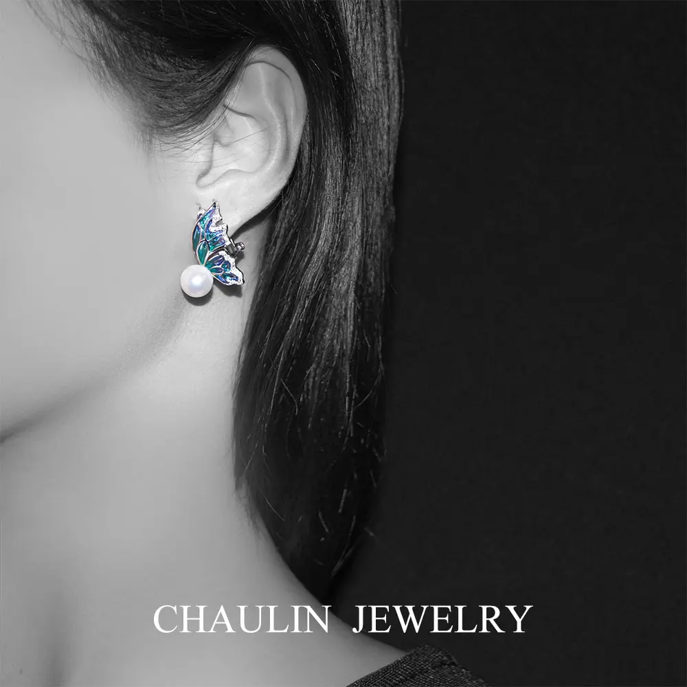 Серьги-бабочки CHAULIN элегантные и модные серьги из серебра 925 пробы с эмалью пустым