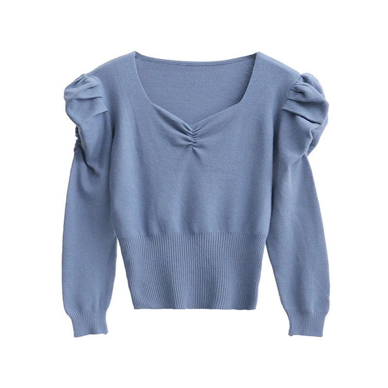 

New style in autumn and winter 2020, net red sweater women's slim fit temperament knitted V-neck bubble sleeve top