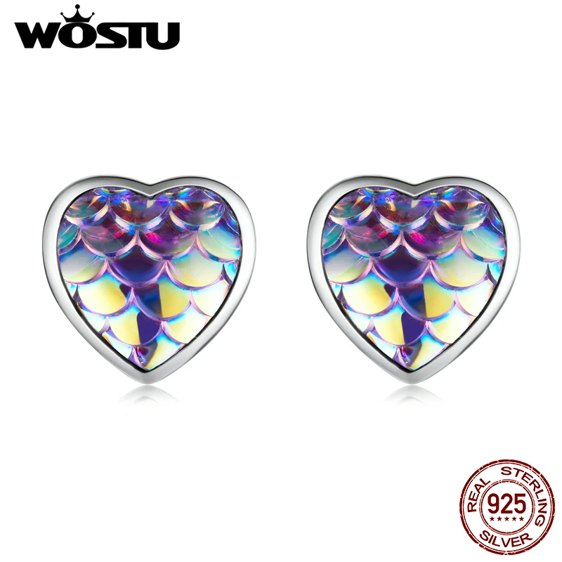 

WOSTU Genuine 925 Sterling Silver Fish Scale Heart Lovely Cat Stud Earrings Women Girls Minimalist Cute Fine Jewelry Gift Making