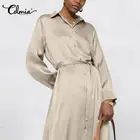 Женское элегантное атласное шелковое офисное платье миди с поясом Celmia, Повседневное платье-рубашка с отложным воротником и длинным рукавом, платье с разрезом и подолом, 2021