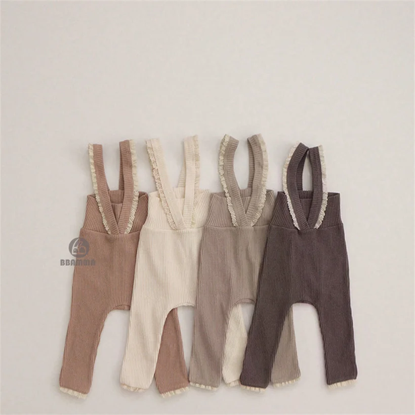 

New Knitted Baby Romper Lace Suspender Newborn Baby Girls Pants Korean Toddler Trouser Jumpsuit Infant Clothes With Hat Headband