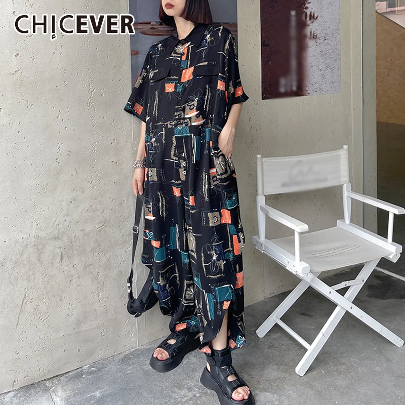 

CHICEVER Loose Print Jumpsuit For Women Lapel Collar Short Sleeve High Waist Hit Color Jumpsuits Female 2021 Fashion New Clothes