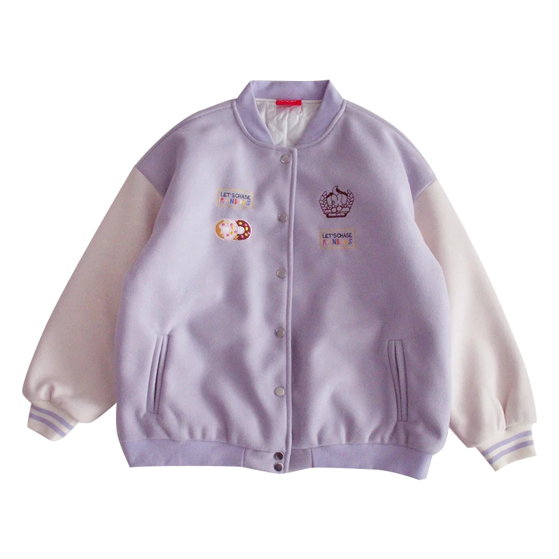 

Autumn Winter Plus Thick Jacket Women Korean Loose Harajuku Soft Sister Embroidery Donuts Badge Outer Baseball Uniform Coat Girl
