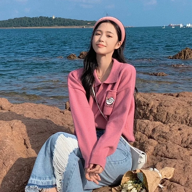 Свитер с отворотами и мультяшным принтом для женщин | Женская одежда