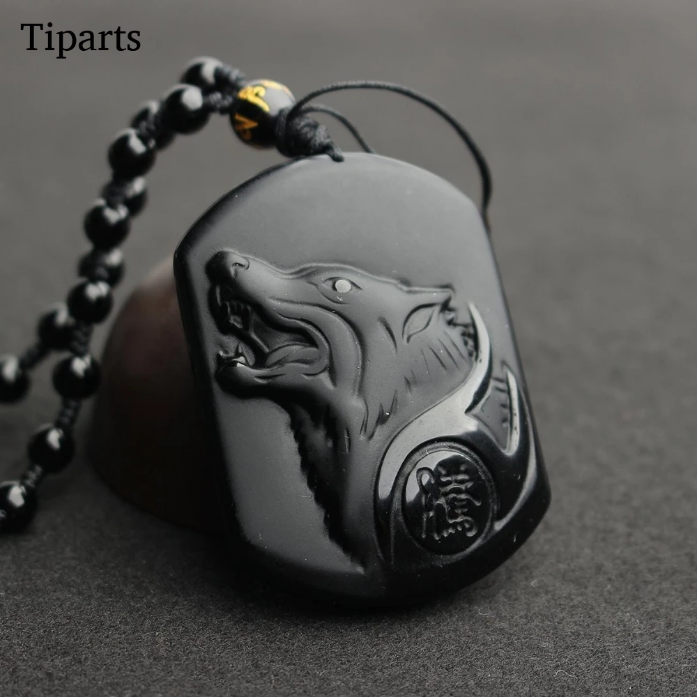 

Natural Black Obsidian Carving Wolf Head Amulet Pendant Free Necklace Obsidian Blessing Lucky Pendants Fashion Jewelry