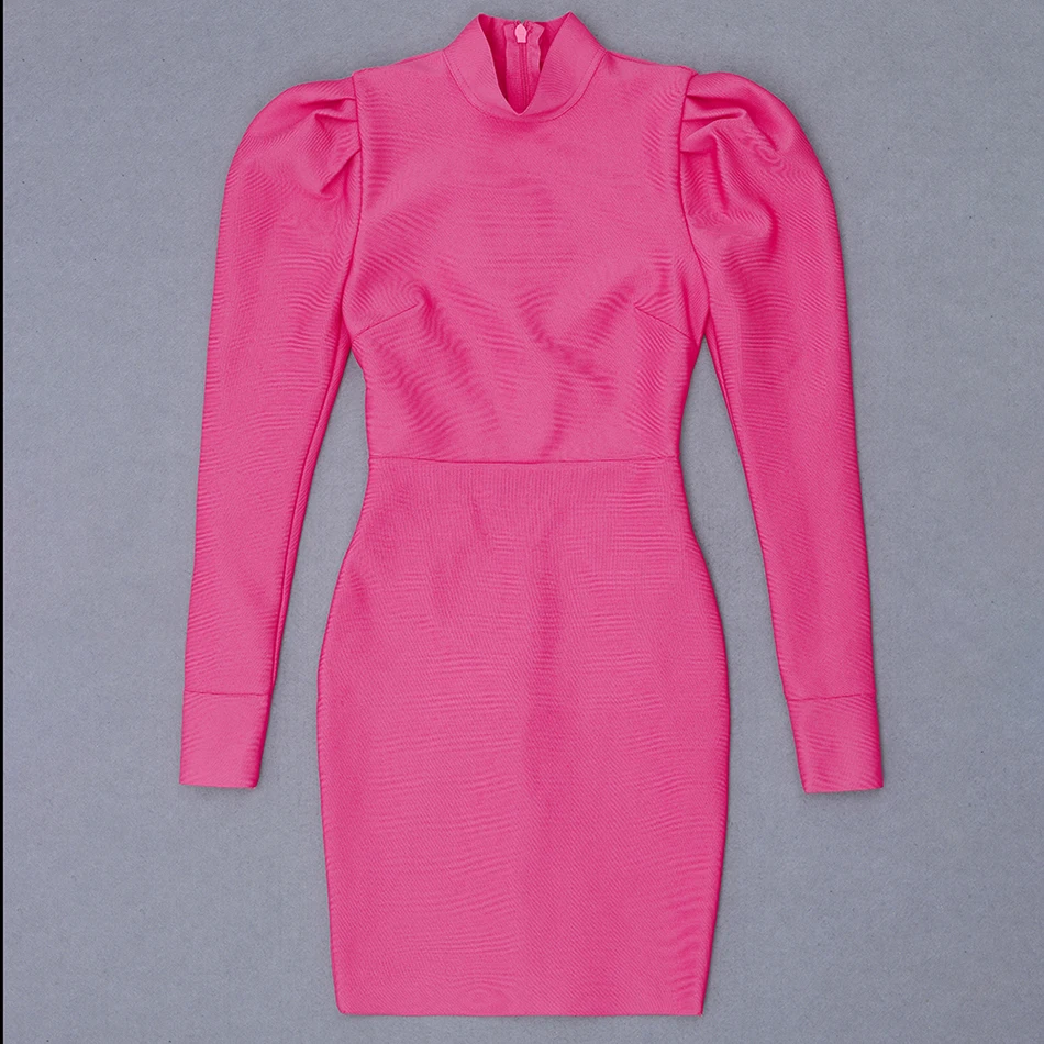 Festa de Noite Primavera Nova Rosa Vermelha Bandagem Vestido Sexy Bodycon Manga Longa Alta Pescoço Clube Celebridade Mini Vestidos 2021 5 High Quality Moda Feminina