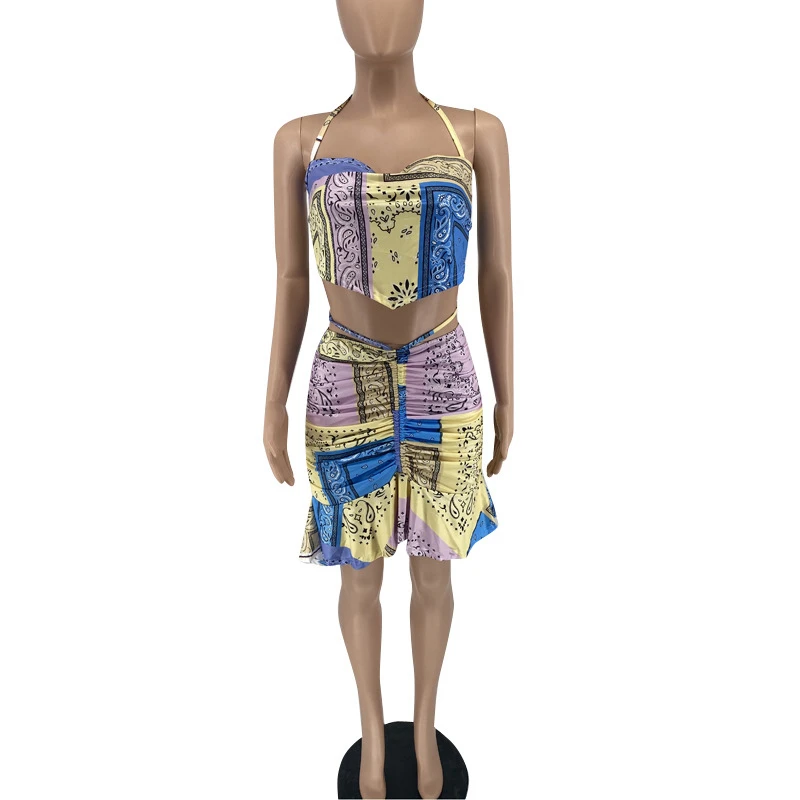 

Bandana Paisley Printed Women Two Piece Set Dress Sexy Deep V Neck Halter Sleeveless Crop Top And Irregular Plated Skirts S-XXL