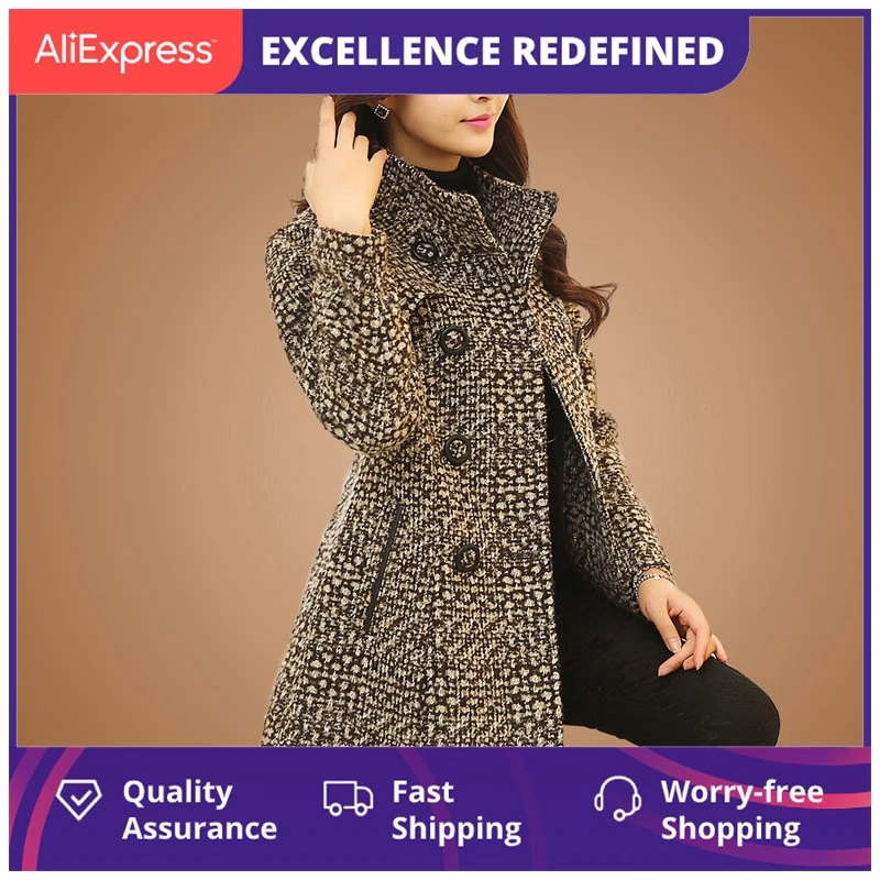 

Женское шерстяное пальто в клетку, элегантная твидовая приталенная Длинная шерстяная куртка для мам с высоким воротником, Осень-зима 2021