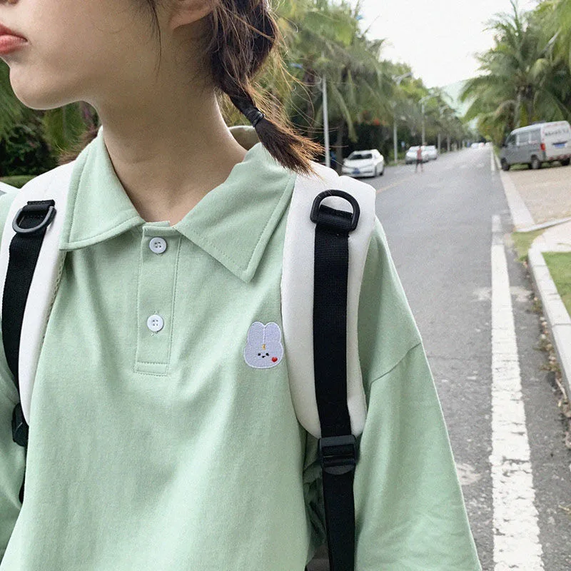 

Fashion Cute Green Shirt Streetwear Harajuku Cool Japan Embroidery Casual Gothic Tshirt Funny Punk Loose Polo Shirt Tops Girl