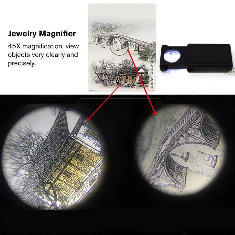 

45X Magnifier Mini Microscope Jewelry Antiques Identification Magnifying Glass Pull-out Switch Loupe Glass LED Light