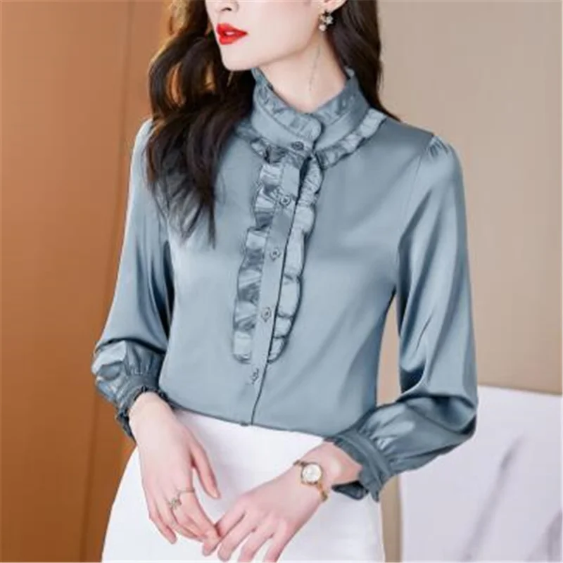 

Fungus collar Ruffled Blouse For Women Chiffon Shirt Solid Vintage Ear Edge Long Sleeve Top Female Button Stand Neck Basic Shirt