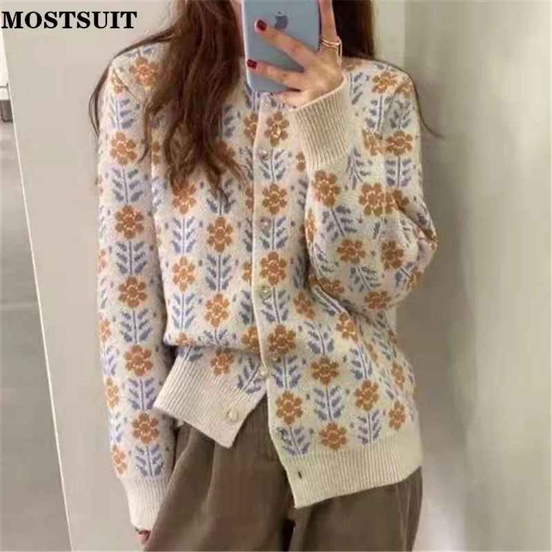 

Vintage Floral Knitted Cardigan Sweater Women Autumn Full Sleeve Single Breasted Jumpers Korean Fashion Female Tops Jacket 2021