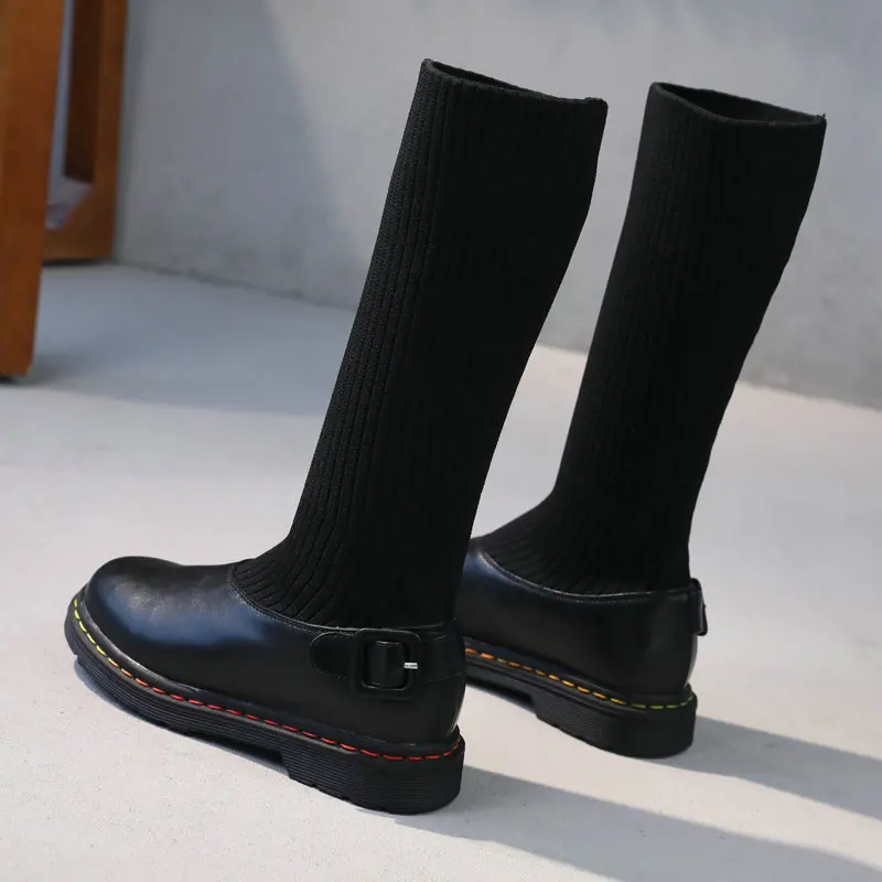 

ISSIENA 2021 Knee High Boots Children Winter PU+ Knitting Kids Slip On Round Toe Boots Baby Girls Shoes Boots Size 28-39