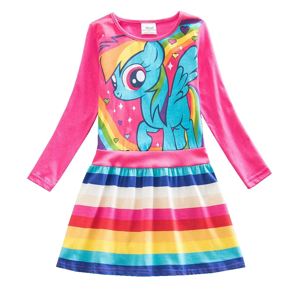 LH6218-Fuchsia-2 JUXINSU My Baby Girls Little Pony Cartoon Girl Rainbow Long Sleeve Dresses Pony Casual Dress Autumn Winter Home Wear 1-8 Years - Цвет: LH6218-Fuchsia-2