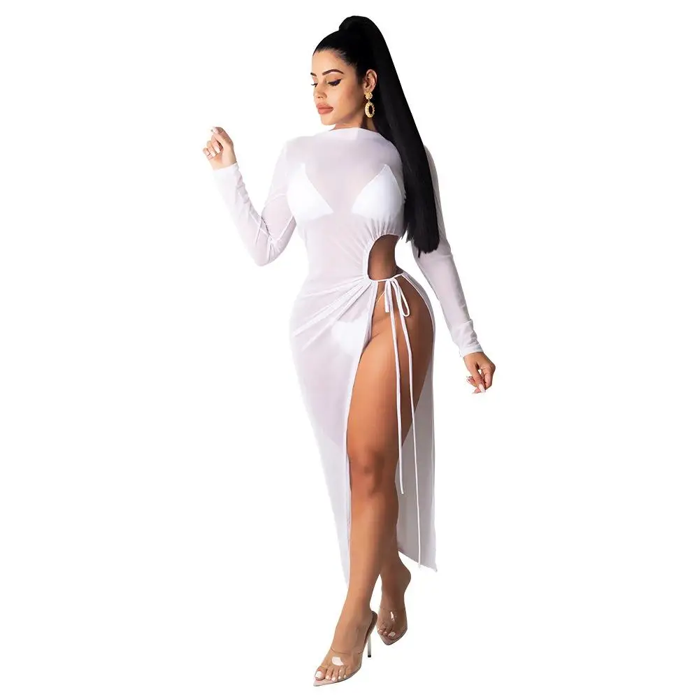 

Long Sleeve Sexy Gauze Long Vestidos Women Turtleneck Sheer Mesh See Through Maxi Dress Side High Split Asymmetric Dress Cut Out