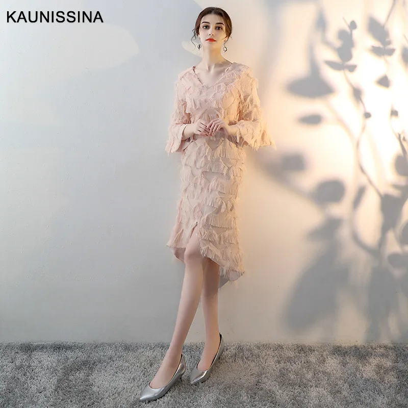 KAUNISSINA Mermaid Cocktail Dresses Elegant Party Gowns V-Neck Flare Sleeve Celebrity Homecoming Dress Vestidos | Свадьбы и