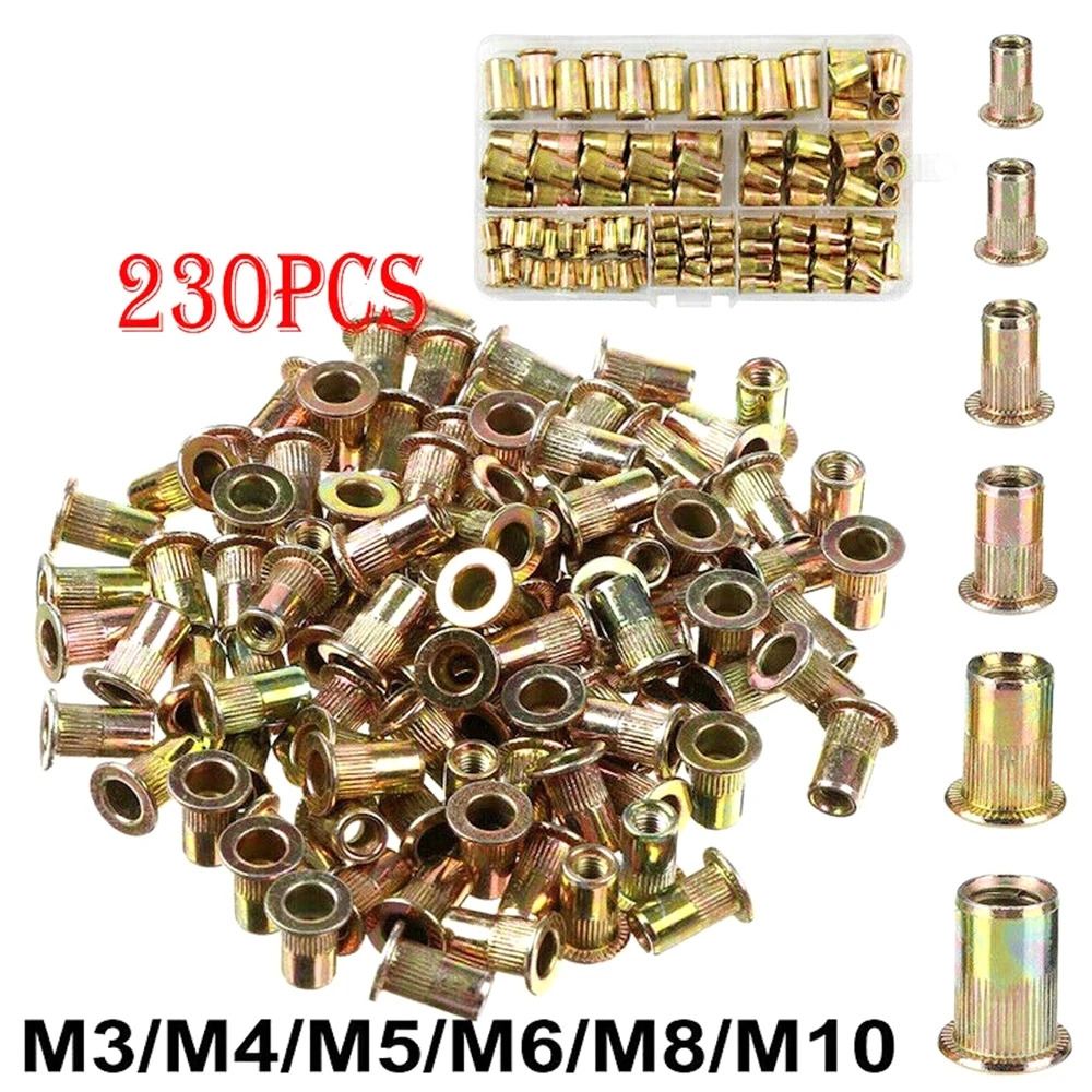 

230 PCS Assorted Flanged Hex Drive Head Furniture Nuts M3 M4 M5 M6 M8 M10 Zinc alloy Thread For Wood Insert Nut Fasteners