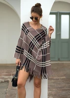 womens v neck long sleeve striped wool and cotton composition fashionable tassel shawl