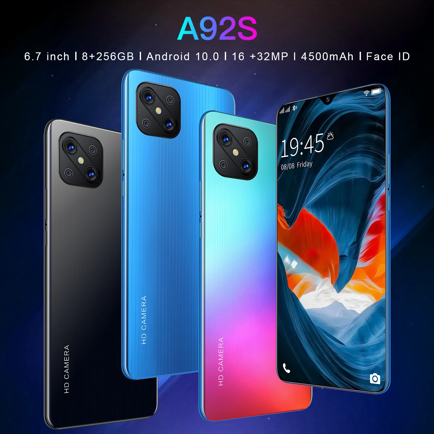 

New Arrival A92s 6.7" HD Full Screen 8 256GB Android 5G/4G 32+64MP HD Camera 10Core Face Fingerprint Unlock Dual SIM Smartphones