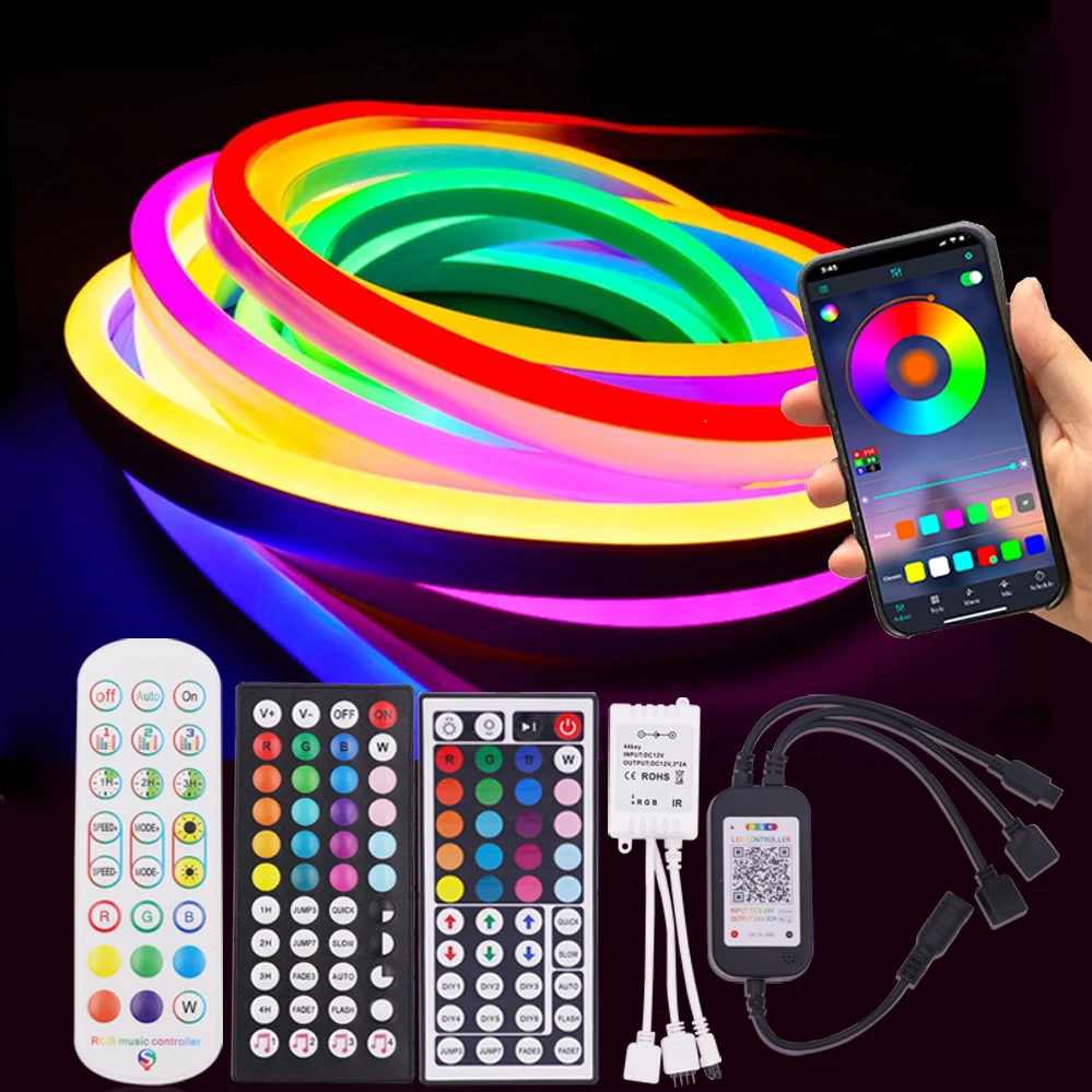 Неоновая светодиодная RGB лента, водонепроницаемый силиконовый шнур с регулируемой яркостью, умное украшение с дистанционным управлением, 108 светодиодов, Wi-Fi, Bluetooth, APP, 12 В