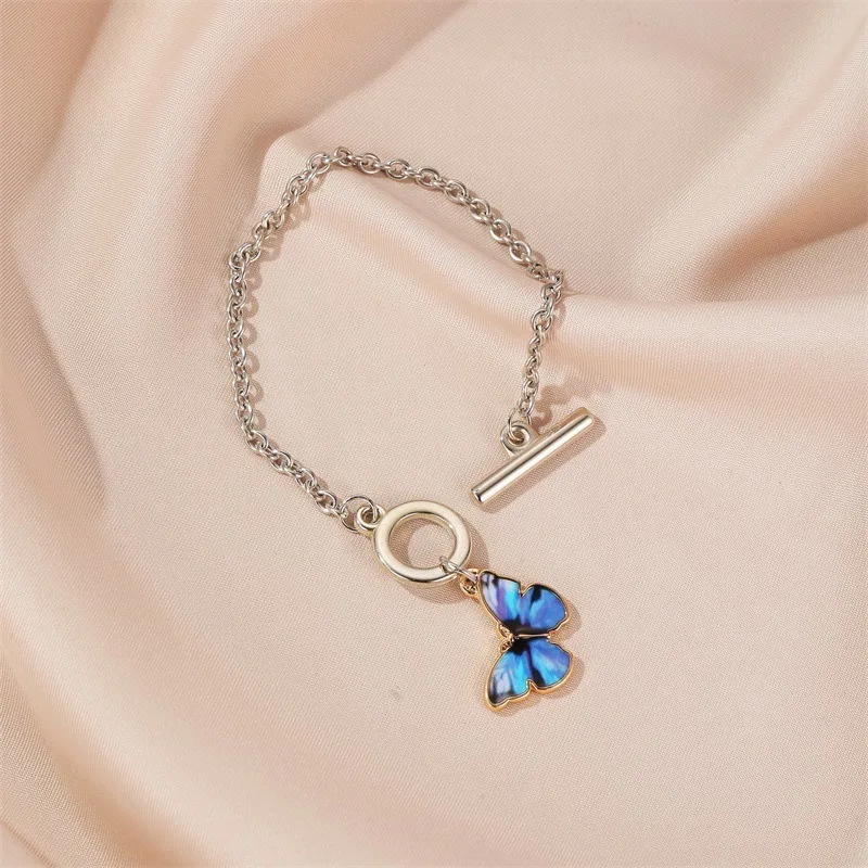 

Blue butterfly pendant bracelet One word buckle chain bracelet women forest blue butterfly cool girl bracelet fashion jewelry
