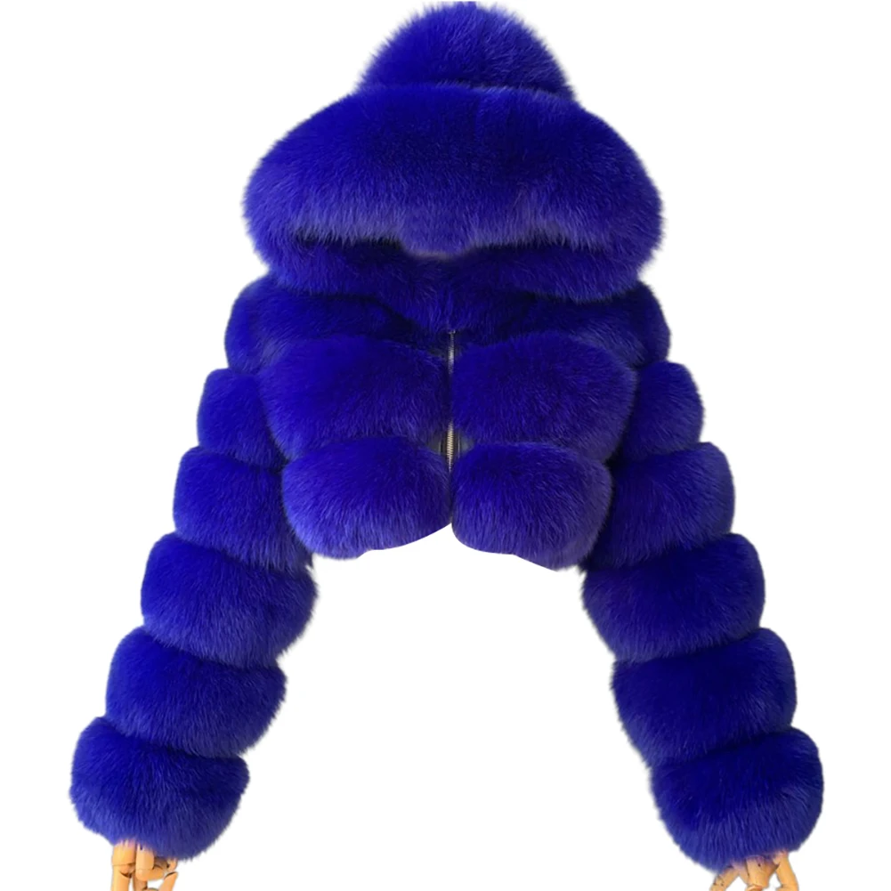 Women Fashion Winter Faux Fur Cropped Coat Fluffy Zip Hooded Warm Short Jacket