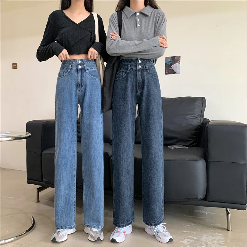 

2021 High Waist Jeans Women Vintage Loose Comfort Denim Pant Fashion Harajuku Double Buttons Zipper Straight Jeans Clothing