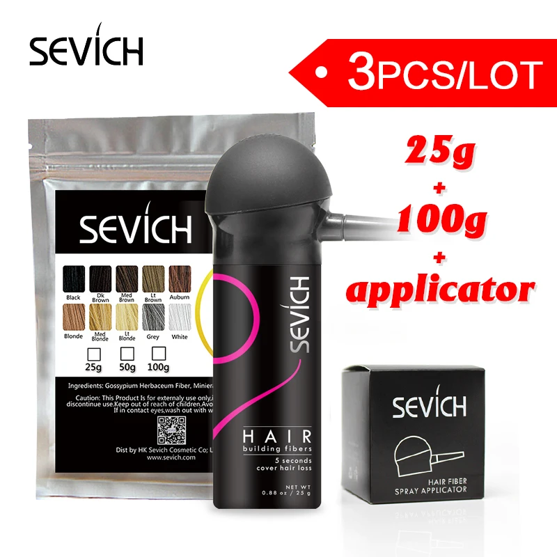 Sevich, 3 шт./лот, заправка, 100 г+ 25 г+ насос для увеличения выпадения волос, мгновенно увеличивает рост волос, порошки для наращивания волос, спрей-аппликатор, Кератиновый Стайлинг