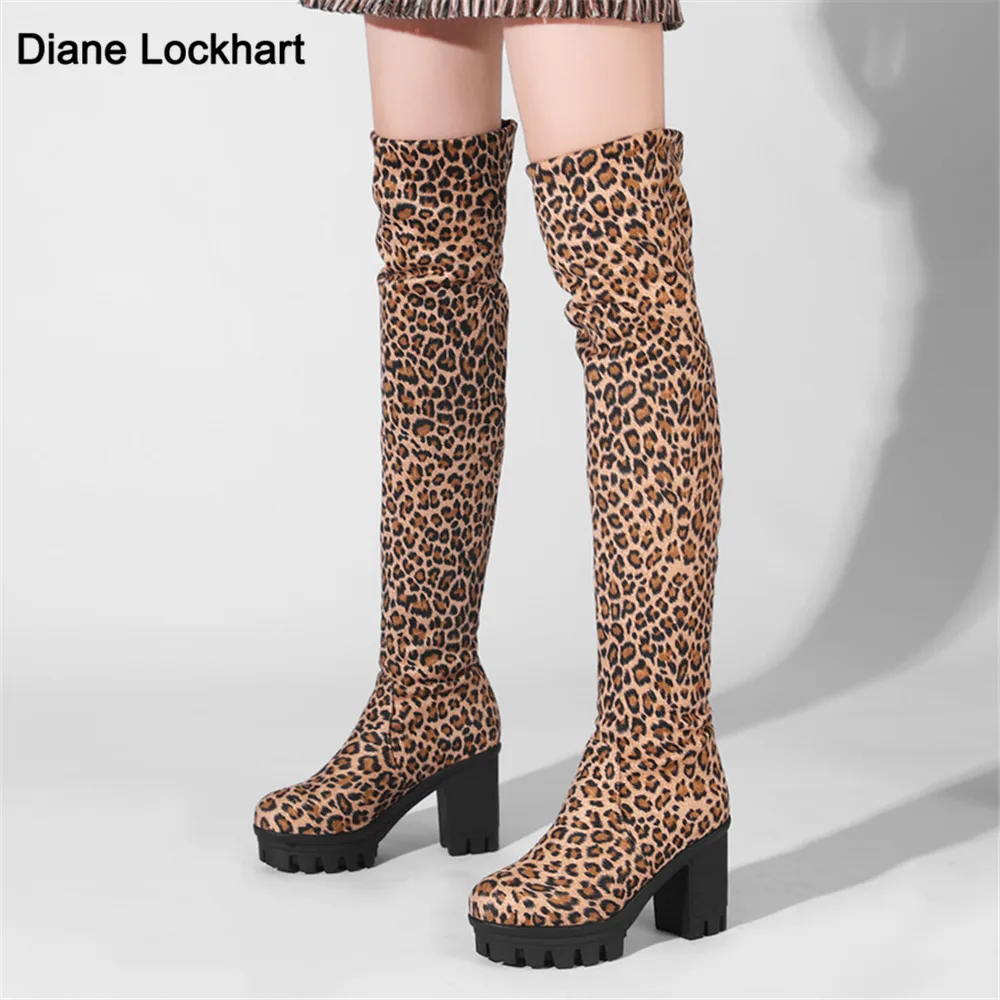 

New 2021 Over the Knee Boots Women Faux Suede Thigh High Boots Platform Stretch Slim Leopard Sexy Ladies Winter Boots Size 33-43