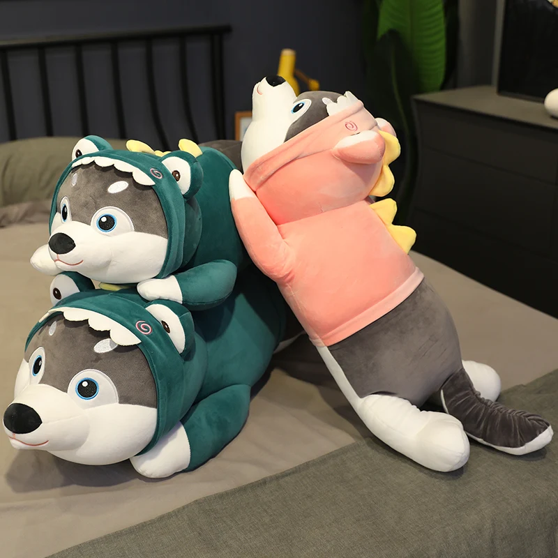 

100cm Funny Dressed Husky Stuffed Doll Stripe Sweater Soft Husky Lying Plush Toy Grey/Black Dog Animals Kids Birthday Gift