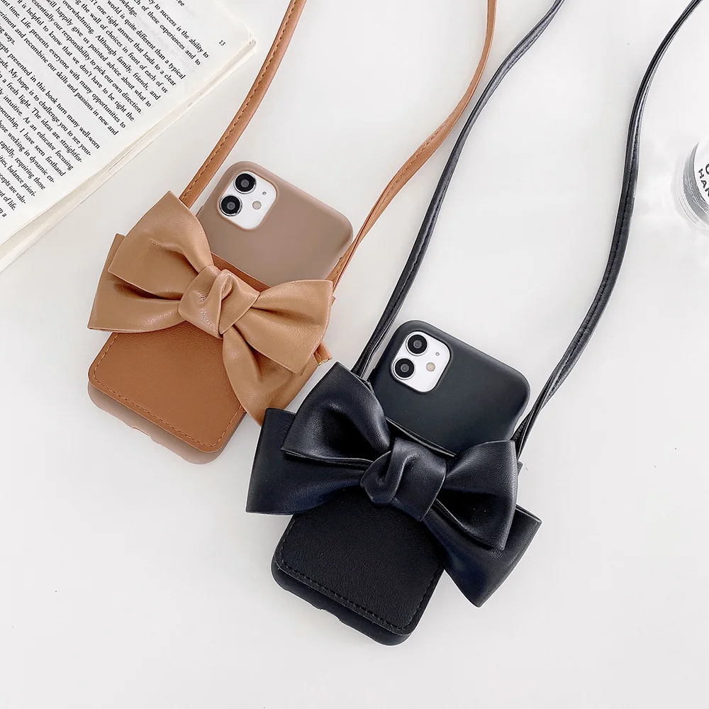 

For Oppo Realme 5 6 7 8 C2 C3 C11 C12 C15 C17 C20 C21 GT A94 Fashion Big Bow Card Pocket Purse Case Phone Shell Crossbody Cover