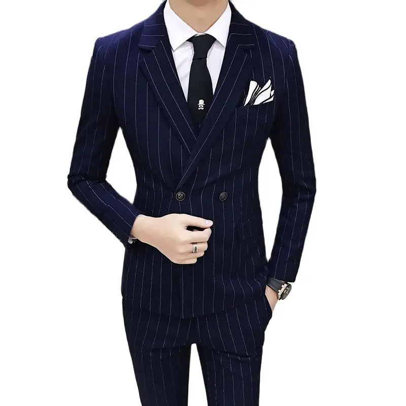 

Blue Double Breasted Stripe 3 Piece Men Business/Wedding Party Jacket + Trousers + Tank Top Black Slim Man's Suits