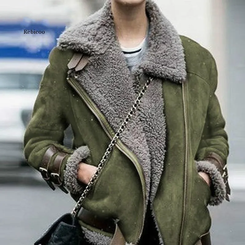 

Winter Women's Motorcycle Deerskin Velvet Jacket Women's Lapel Collar Zipper Lamb Wool Coat Warmth Thick Oversized Streetwear