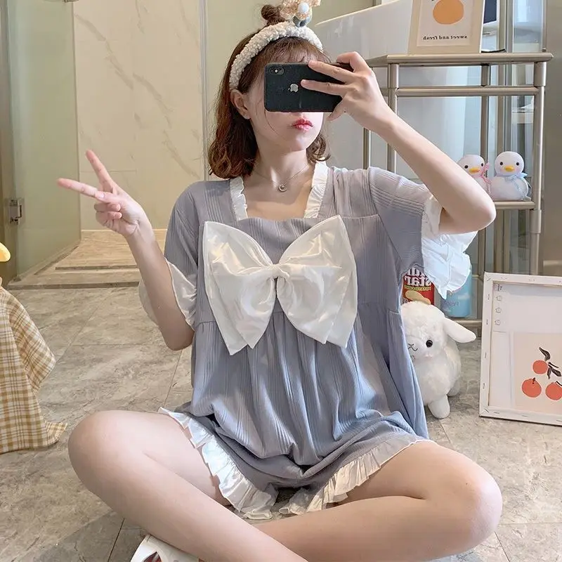 Spring and Summer New Combed Cotton Sweet Pajamas Girls Boudoir Net Red Short-sleeved Bow Ice Silk Loose Can Wear OutsidePajamas