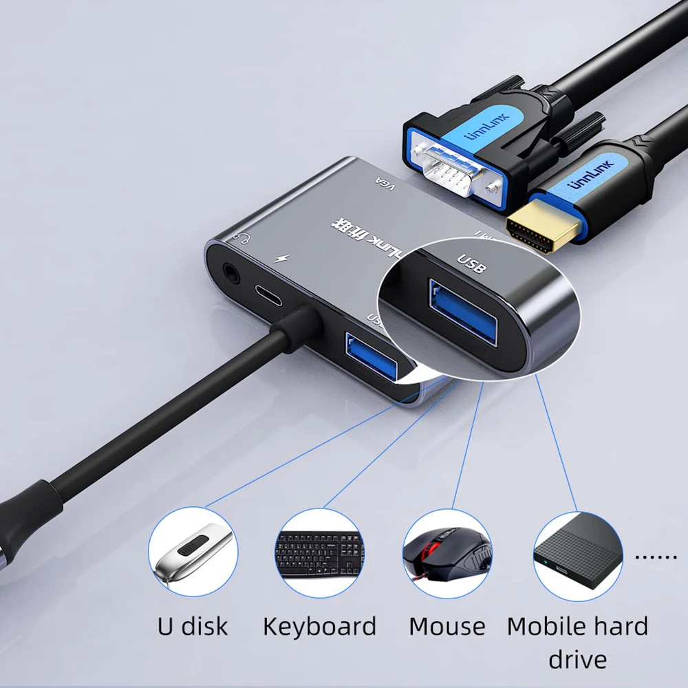 USB-концентратор Unnlink с разъемами USB Type-C и HDMI VGA 3 0 5 мм 55 Вт | Электроника
