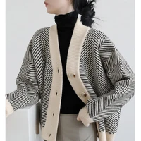 sweater women autumn winter new vintage knitted cardigan black white striped idle style loose thick coat outerwear sweater