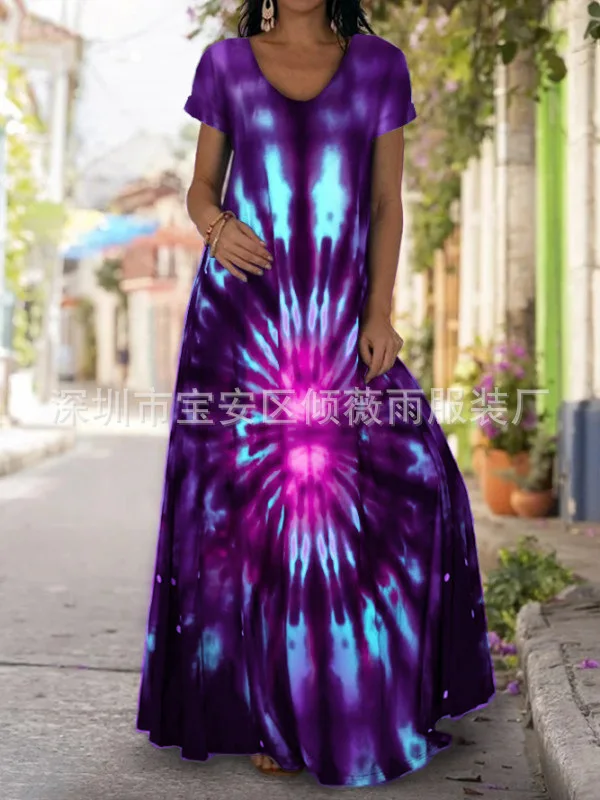 Женское длинное платье-макси с круглым вырезом коротким рукавом и 3D-принтом -