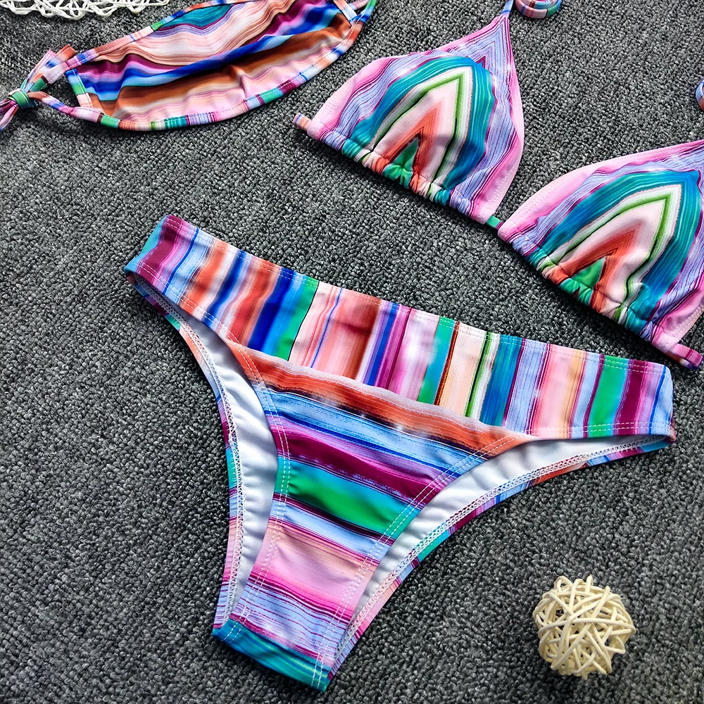 

2021 Stripe Swimwear Women Mask Swimsuit High Waist Bathing Swim Suit Female Bikini set Three-Pieces