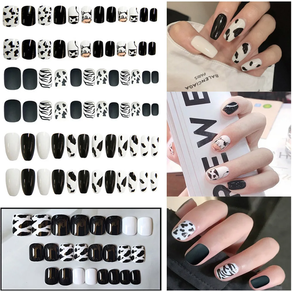 24 шт./коркор. накладные короткие ногти матовые черные и белые молочные коровы