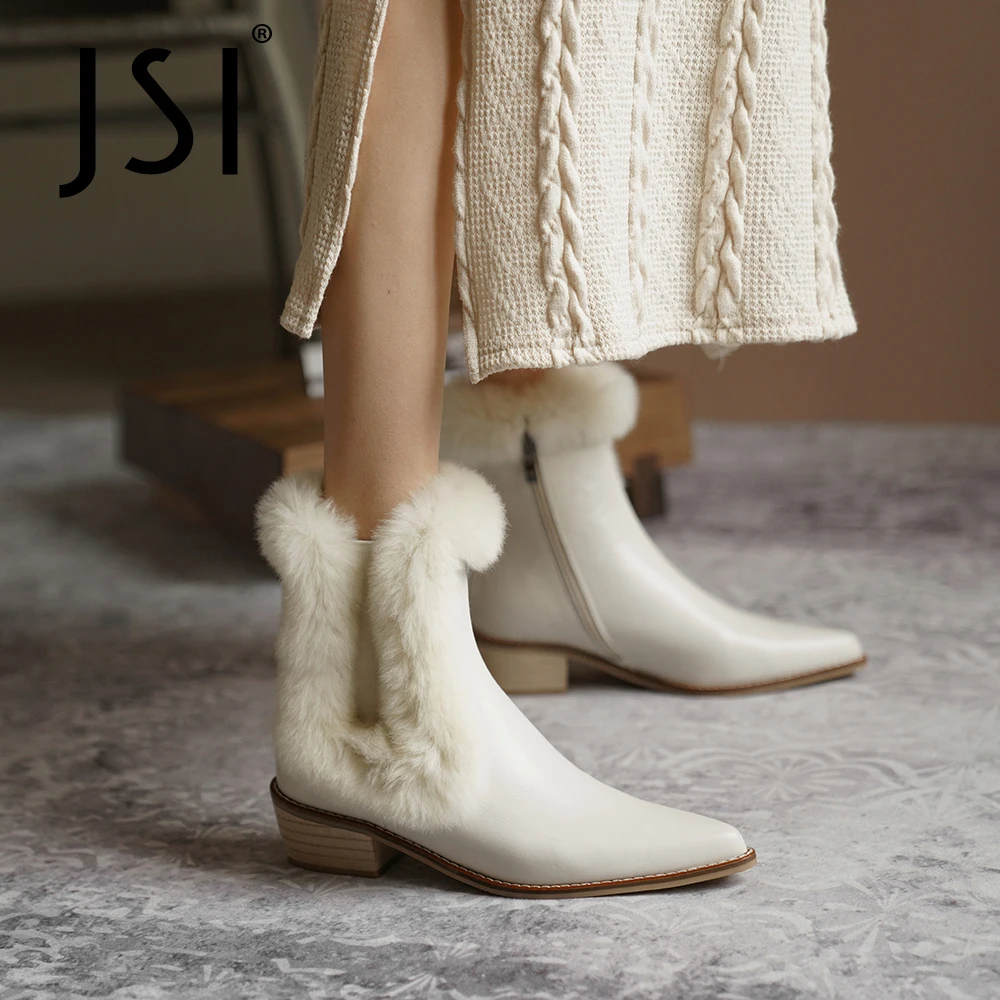 

Ботинки женские JSI из натуральной кожи, на низком квадратном каблуке, с острым носком, теплые, зимние, JO773