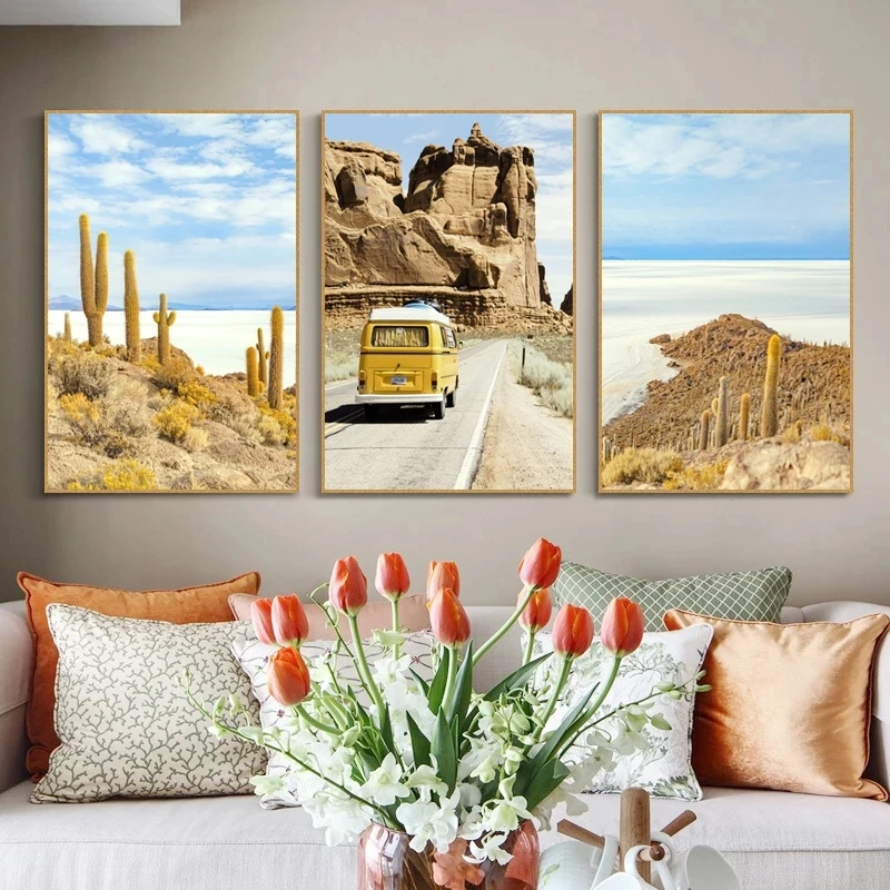 

Nordic Poster Art Print Canvas Painting Beautiful Gobi Landscape Cactus Bus Modern Decoration Living Room Home Decor Wall Art