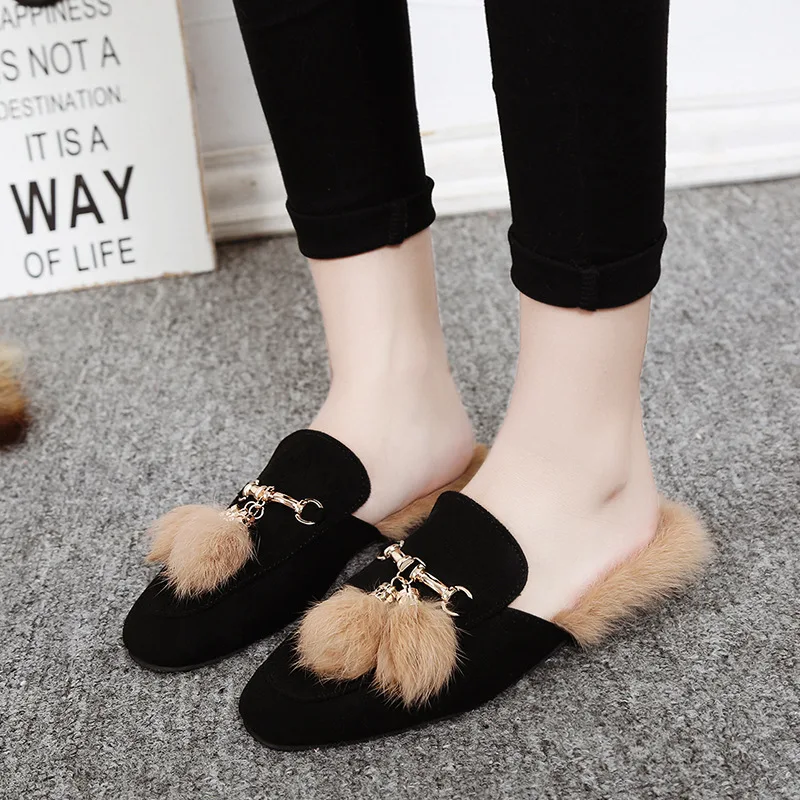 

GHJIOL Real Fur Slippers Shoes Woman 2020 Mules Women's Furry Slippers Winter Warm Women Shoes Fashion Slippers Rabbit Hair