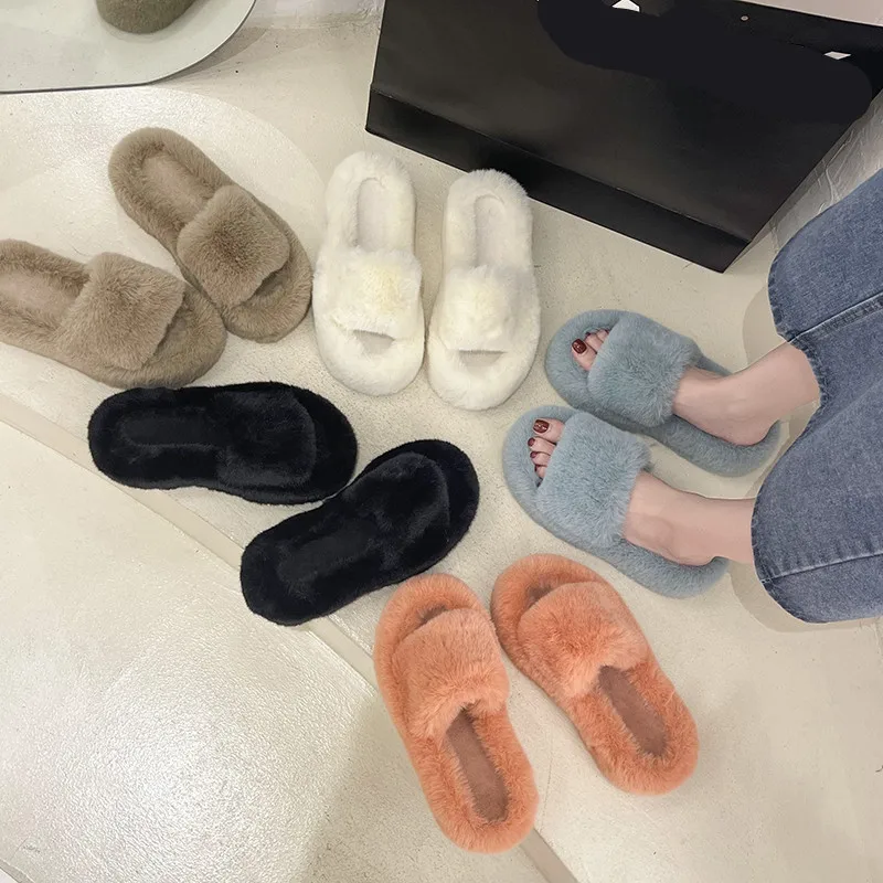 

Flat Shoes Female Flock Woman's Slippers Luxury Slides Med Platform Rubber Flip Flops Fur Sliders 2021 Designer Soft Hawaiian