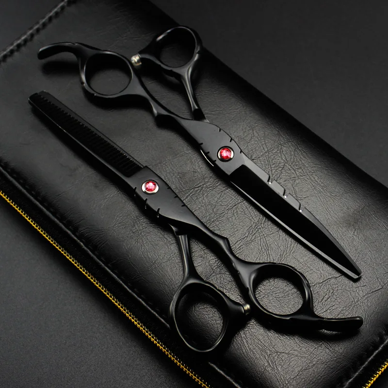 Professional japan 440c 5.5 '' 6 '' red gem black cut hair scissors cutting barber haircut thinning shears hairdressing scissors