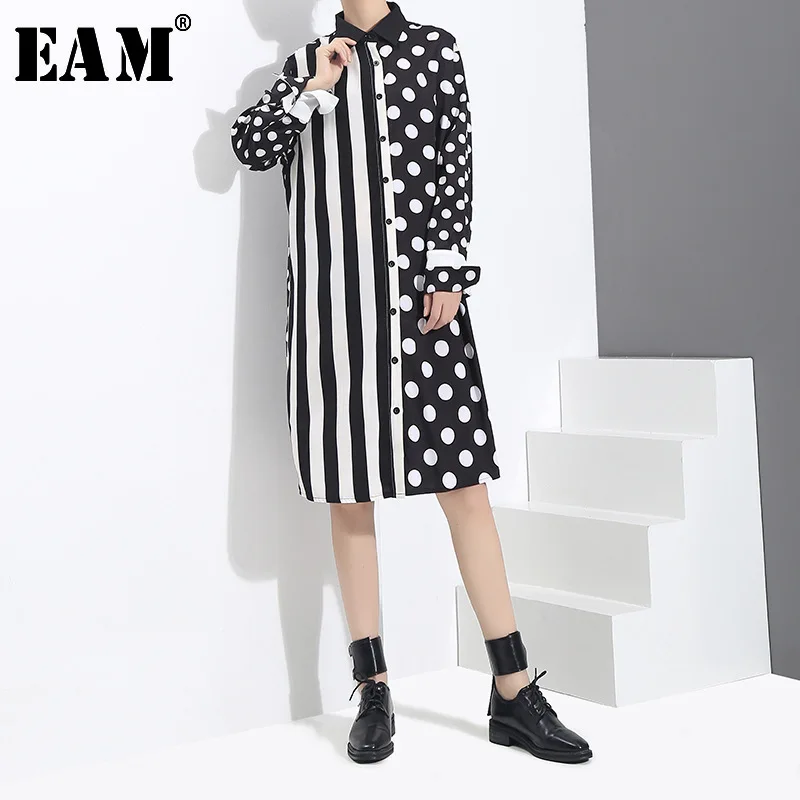 [EAM] женское платье рубашка в черную полоску с разрезом горошек новое Свободное