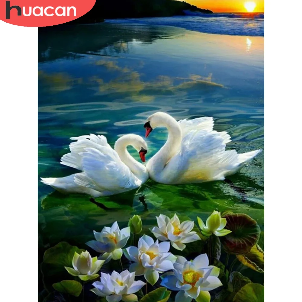 

Алмазная 5d картина HUACAN с лебедем, лотосом, домашний декор, мозаика с животными, рекой, цветами, вышивка, домашний декор, настенные наклейки