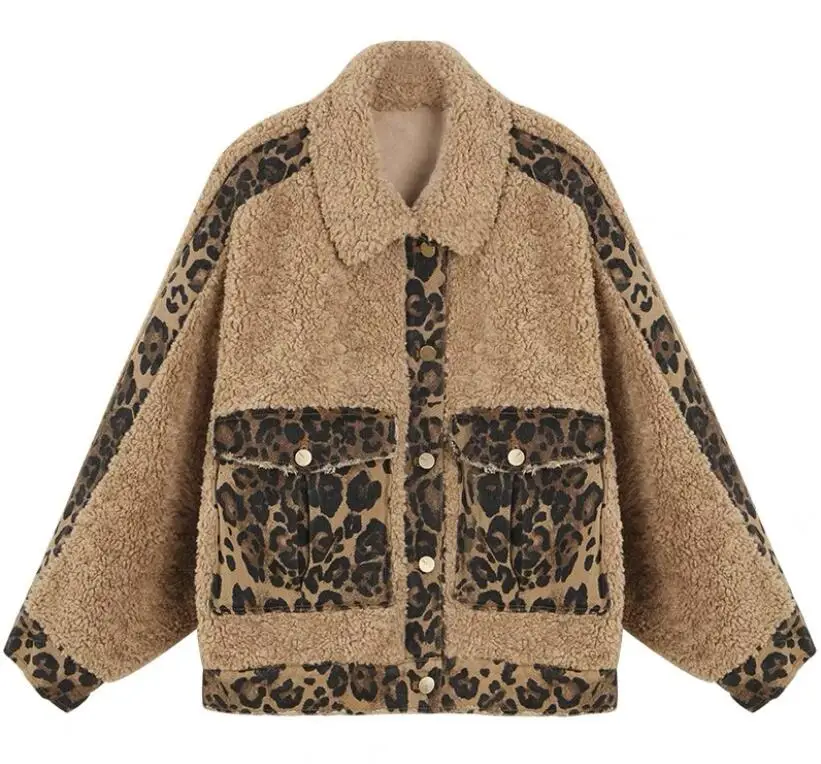 

Women's Fashion Sheep curl coat Warm leopard stitching denim short thick 2019 Autumn And Winter jacket faux fur top overcoat